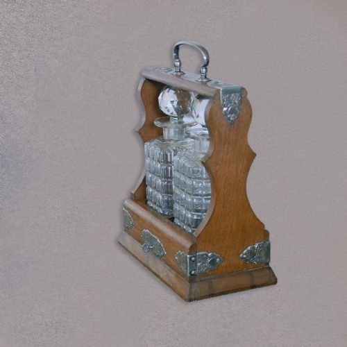 fig 1. Antique Tantalus, Pair of Decanters, Oak Locking Wine Spirit Carrier Victorian