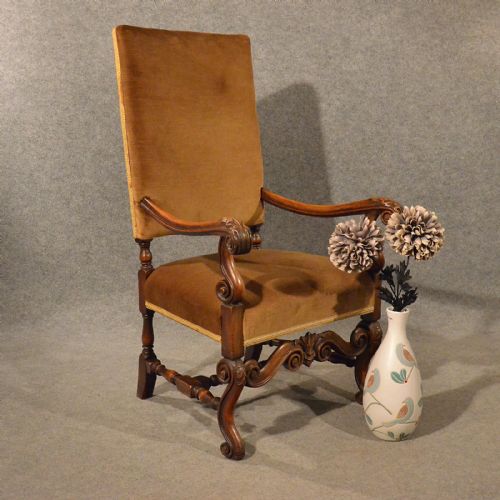 Antique Armchair Easy Chair Throne Elbow Large Wide Quality Walnut Frame C1880