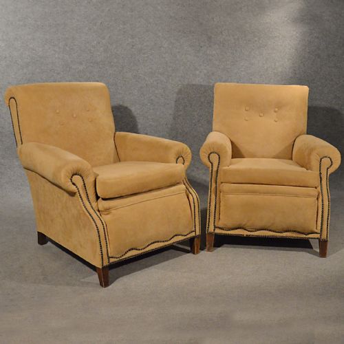 fig 1. Antique Pair Armchairs Easy Club Chairs Faux Suede English Edwardian c1910