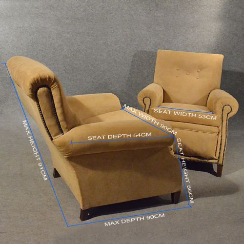 fig 2. Antique Pair Armchairs Easy Club Chairs Faux Suede English Edwardian c1910