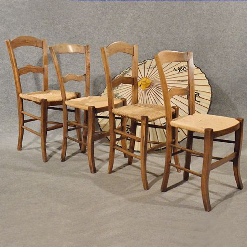 Antique French Chairs X 4 Kitchen Dining Country Quality Beech & Rush Seat C1900
