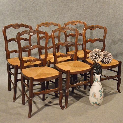 Antique French Oak Chairs X 6 Kitchen Dining Country Quality Rush Seat C1900