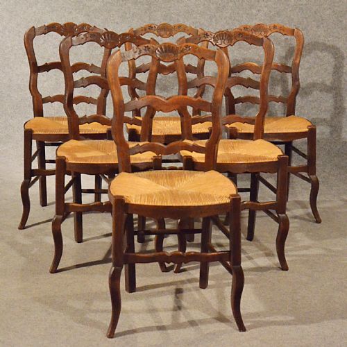 fig 2. Antique French Oak Chairs x 6 Kitchen Dining Country Quality Rush Seat c1900