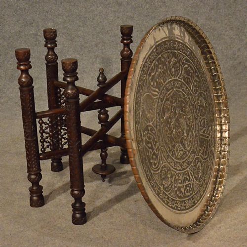 fig 2. Antique Coffee Tea Table Berber Benares Tray Lamp Oriental Folding Stand c1900