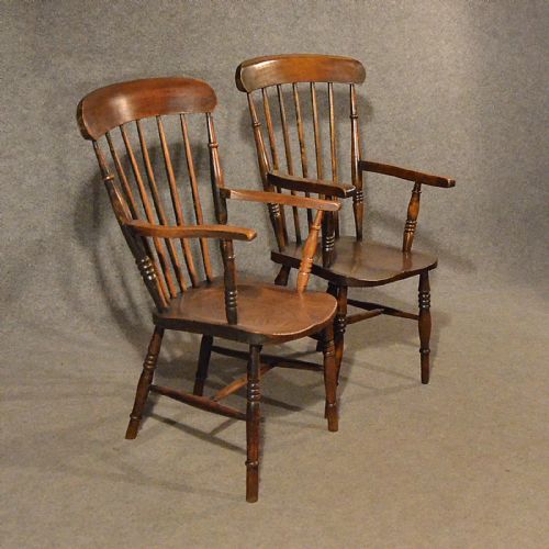 Antique Pair of Elm Windsor Chairs Stick Back English Victorian Kitchen C1900