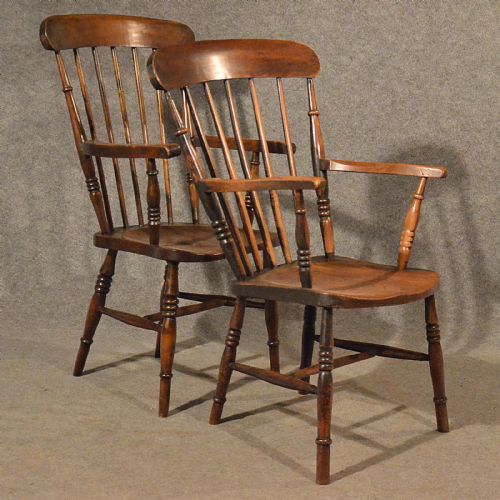 fig 3. Antique Pair of Elm Windsor Chairs Stick Back English Victorian Kitchen c1900