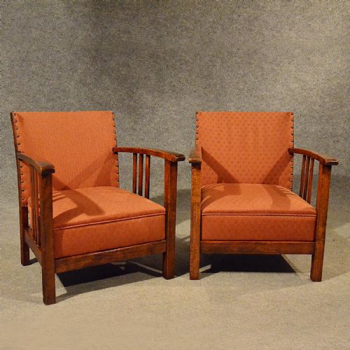 Antique Art Deco Pair of Armchairs Low Compact Club Chairs Quality Beech C1930