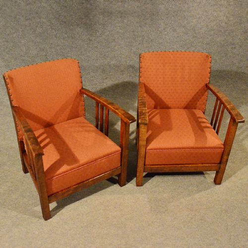 fig 2. Antique Art Deco Pair of Armchairs Low Compact Club Chairs Quality Beech c1930