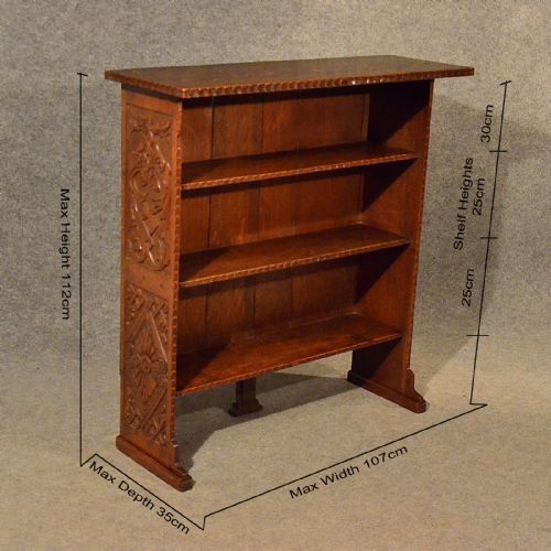 fig 1. Antique Oak Open Bookcase Display Shelves Library Carved Cabinet Edwardian c1910