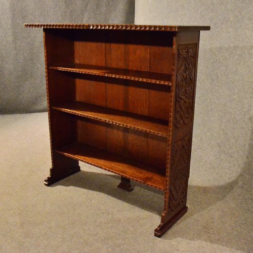 fig 2. Antique Oak Open Bookcase Display Shelves Library Carved Cabinet Edwardian c1910