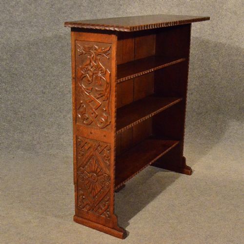 fig 3. Antique Oak Open Bookcase Display Shelves Library Carved Cabinet Edwardian c1910
