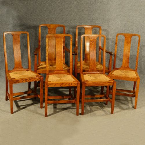 Antique Oak Chairs Set 6 with Carvers Kitchen or Dining Quality Edwardian C1910