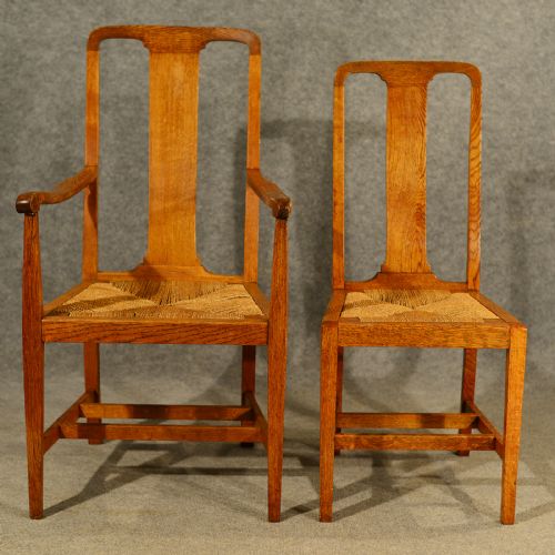 fig 2. Antique Oak Chairs Set 6 With Carvers Kitchen or Dining Quality Edwardian c1910