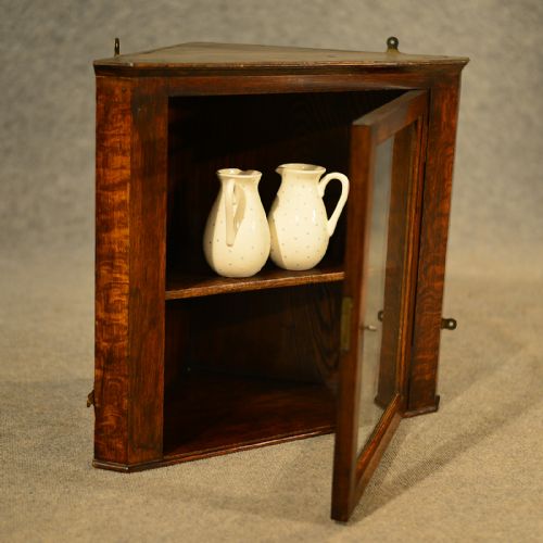 fig 2. Antique Small Oak Corner Cupboard English Edwardian Wall Cabinet Glazed c1910