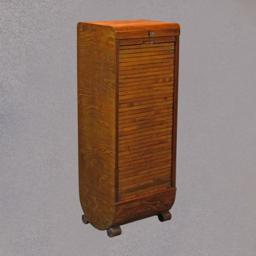fig 1. Antique Art Deco Tambour Front Cabinet, Oak Filing Drawers, English c1930-35