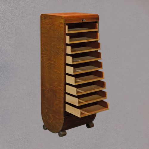 fig 2. Antique Art Deco Tambour Front Cabinet, Oak Filing Drawers, English c1930-35