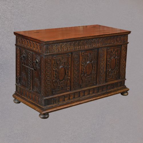 fig 1. Antique French Coffer Carved Walnut Plank Chest 19th Century Trunk C1800