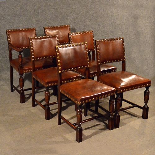 Antique Oak Chairs & Carvers Set 6 Leather Seat Edwardian Jacobean Revival C1910