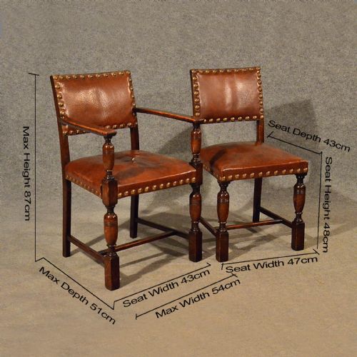 fig 1. Antique Oak Chairs & Carvers Set 6 Leather Seat Edwardian Jacobean Revival c1910