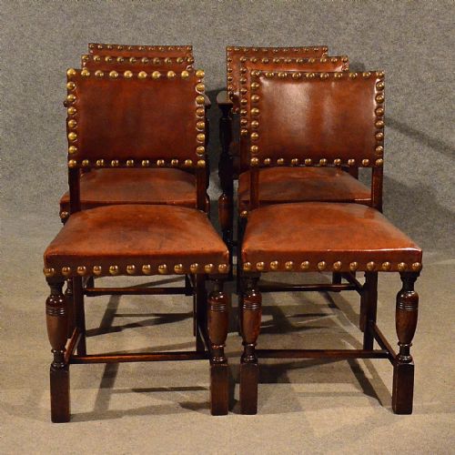 fig 2. Antique Oak Chairs & Carvers Set 6 Leather Seat Edwardian Jacobean Revival c1910