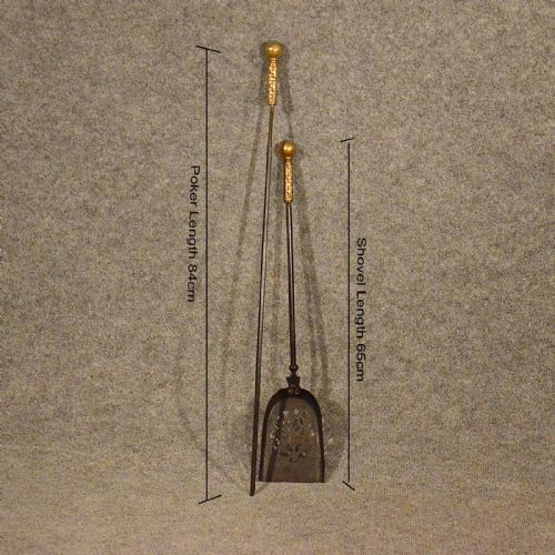 fig 1. Antique Fire Tools Long Poker & Hearth Fireplace Shovel Quality Victorian c1850
