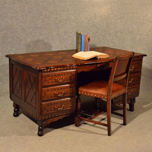 Antique Pedestal Office Desk Library Writing Table Quality Carved Oak 20th Century