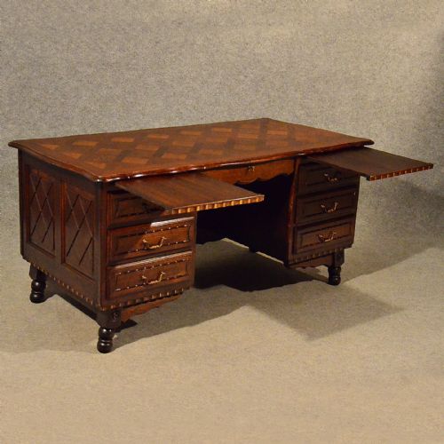 fig 4. Antique Pedestal Office Desk Library Writing Table Quality Carved Oak 20th Century