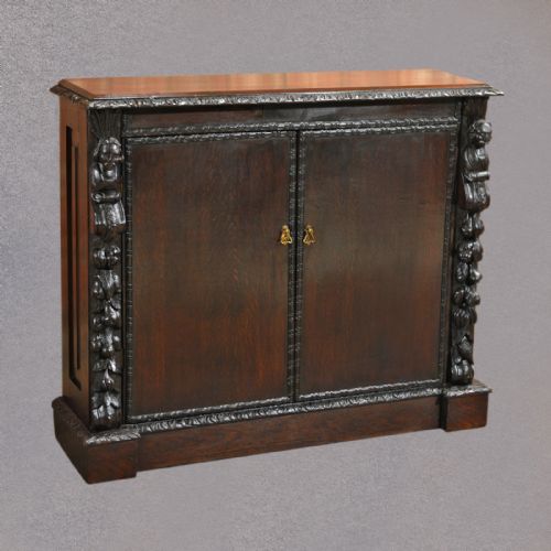 Antique Library Bookcase Cupboard, Carved Oak Victorian Storage Cabinet C1880
