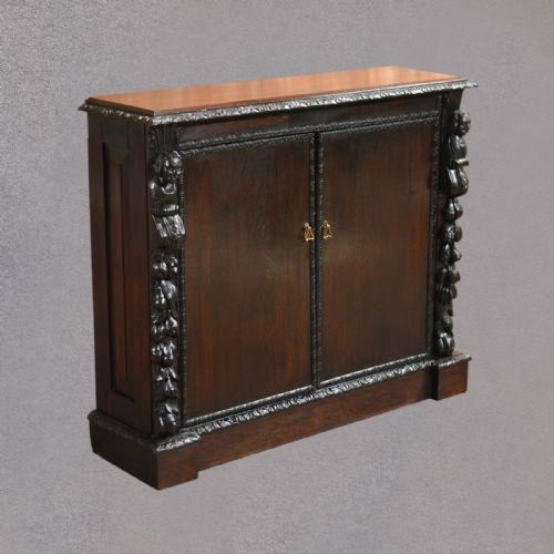 fig 1. Antique Library Bookcase Cupboard, Carved Oak Victorian Storage Cabinet c1880