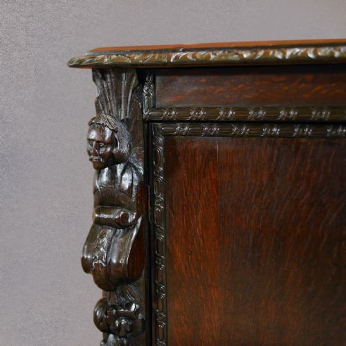 fig 2. Antique Library Bookcase Cupboard, Carved Oak Victorian Storage Cabinet c1880