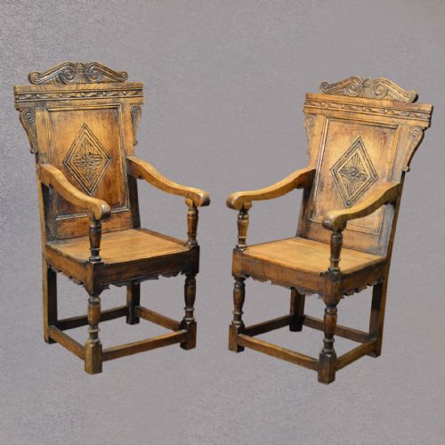 Antique Pair of Baronial Carver Chairs C19th English Oak Hall Armchairs