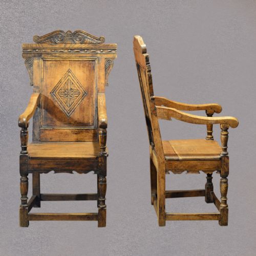 fig 1. Antique Pair of Baronial Carver Chairs C19th English Oak Hall Armchairs