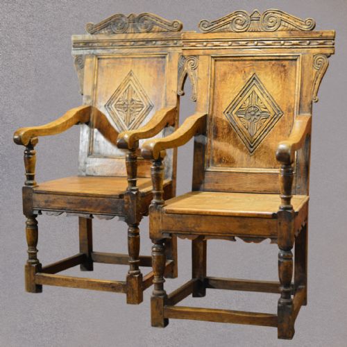 fig 2. Antique Pair of Baronial Carver Chairs C19th English Oak Hall Armchairs