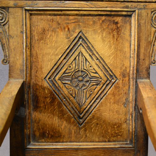 fig 3. Antique Pair of Baronial Carver Chairs C19th English Oak Hall Armchairs