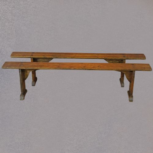Antique Pair of Benches Kitchen Seats, Pine Plank Dining Stool, C1900