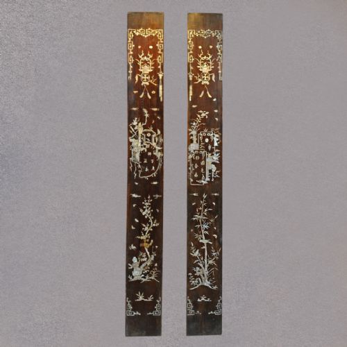 Antique Pair of Chinese Panels Hardwood Inlaid with Mother of Pearl 19th Century