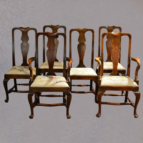 Antique Set of Six Dining Chairs, Victorian 'Queen Anne' Style English Oak C1890