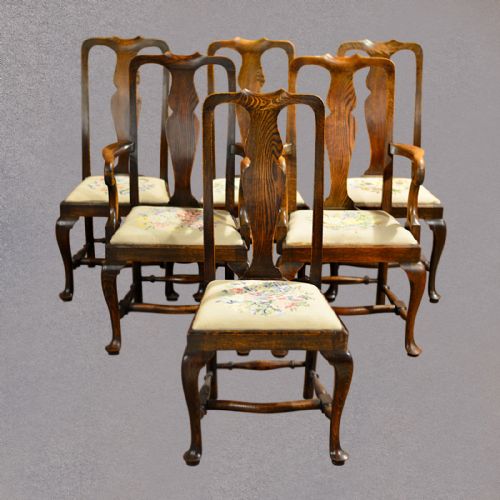 fig 1. Antique Set of Six Dining Chairs, Victorian 'Queen Anne' Style English Oak c1890