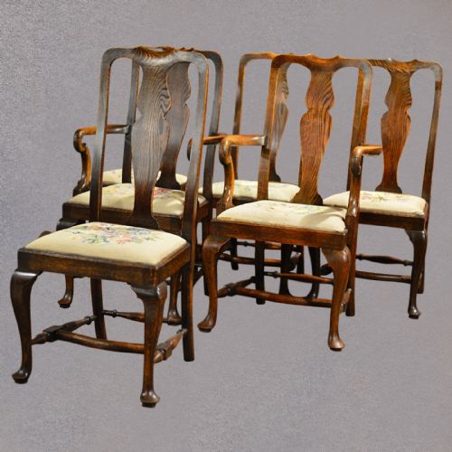 fig 2. Antique Set of Six Dining Chairs, Victorian 'Queen Anne' Style English Oak c1890