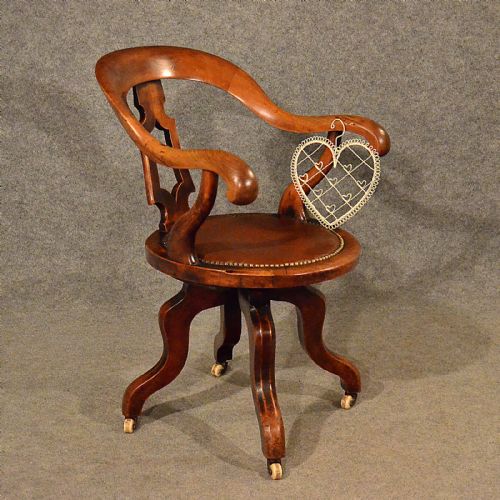 Antique Walnut Office Desk Study Swivel Captains Chair Vintage Edwardian C1910
