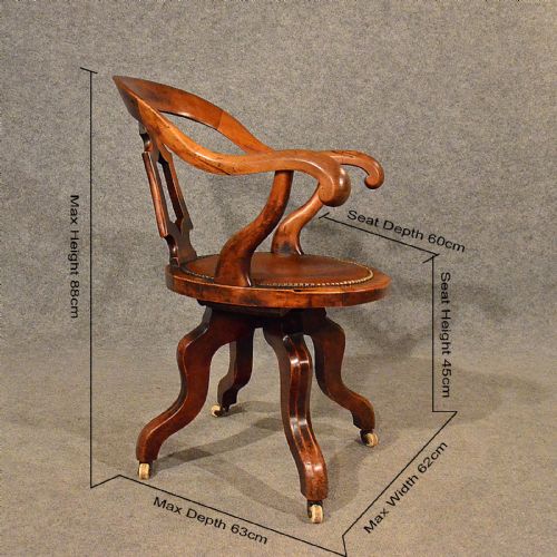 fig 1. Antique Walnut Office Desk Study Swivel Captains Chair Vintage Edwardian c1910