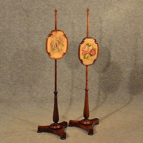 Antique Pair of Pole Screens in Rosewood English Regency Needlepoint Stand C1820