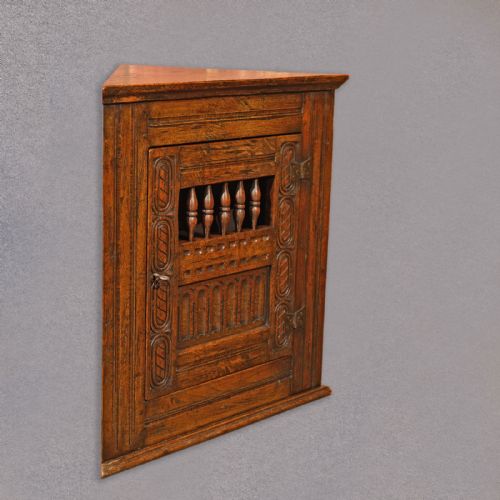 fig 1. Antique Corner Cabinet, Small Edwardian Cupboard, Jacobean Revival English Oak c1910