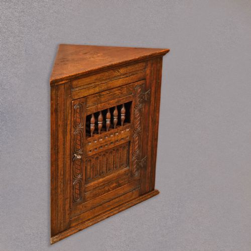 fig 2. Antique Corner Cabinet, Small Edwardian Cupboard, Jacobean Revival English Oak c1910