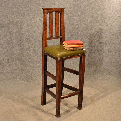Antique Leather Tall Bar Machinist Stool Oak Vintage High Chair Edwardian C1910