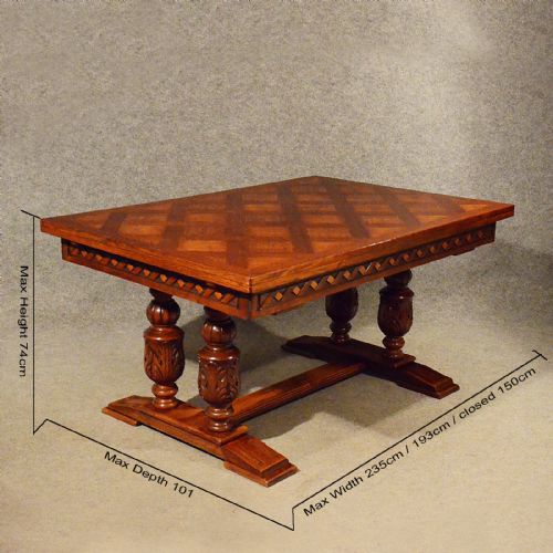 fig 1. Antique Extending Kitchen Dining Table Quality Oak Draw Leaf 4 - 10 Seater c1930