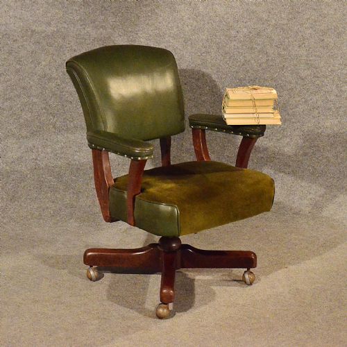 Antique Leather Office Desk Study Swivel Captains Chair Vintage Armchair C1930