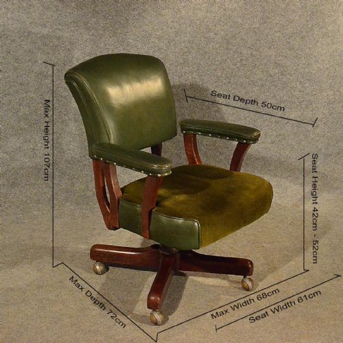 fig 1. Antique Leather Office Desk Study Swivel Captains Chair Vintage Armchair c1930