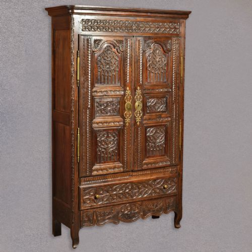 Antique French Armoire, Carved Oak Wardrobe, Large Shelved Cupboard, C.1800