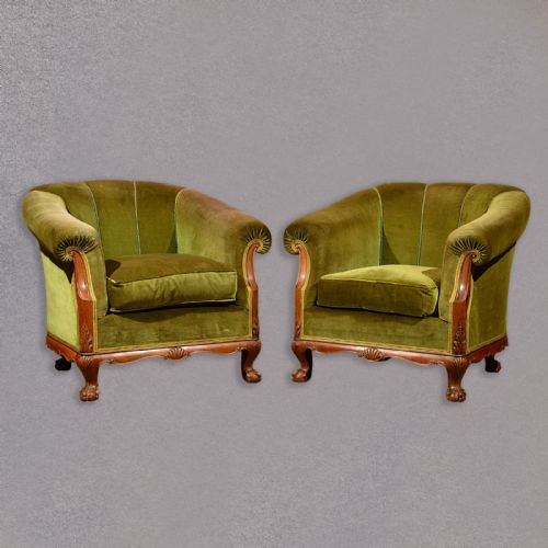 Antique Pair of French Art Deco Armchairs, Velvet Upholstered Arm Chairs, C.1930